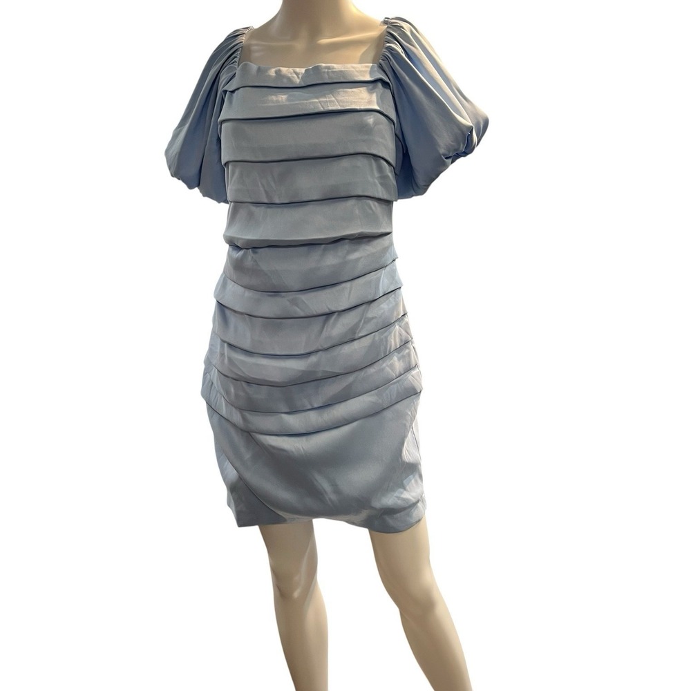 Jewel By Badgley Mischka Dress Blue Ruched Mini 14‎ Puff Sleeve Event Cocktail